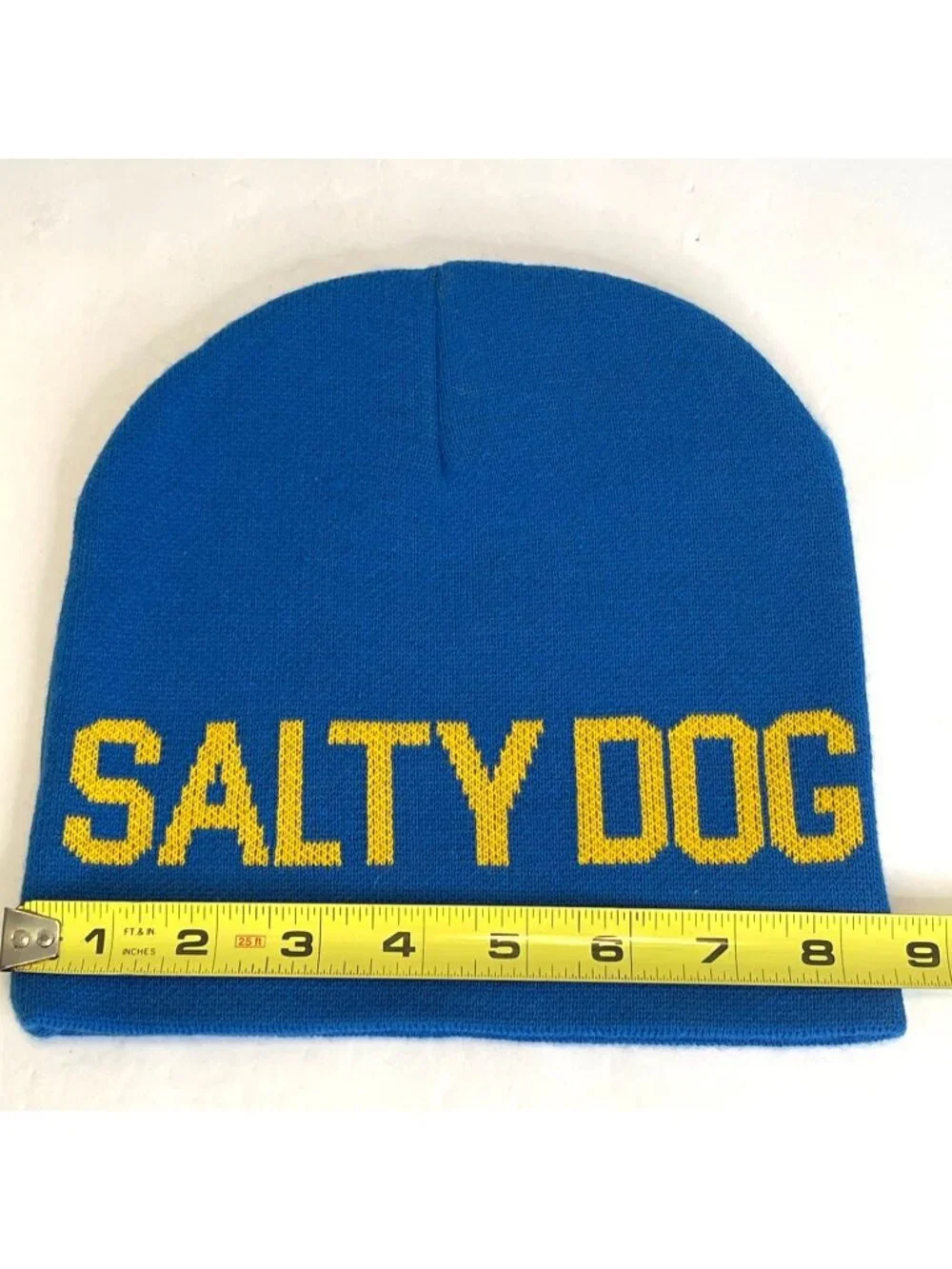 Beanie Hat Acrylic Blue Knit Winter Ski Sled Cap Salty Dog Pup Puppy Paw Yellow